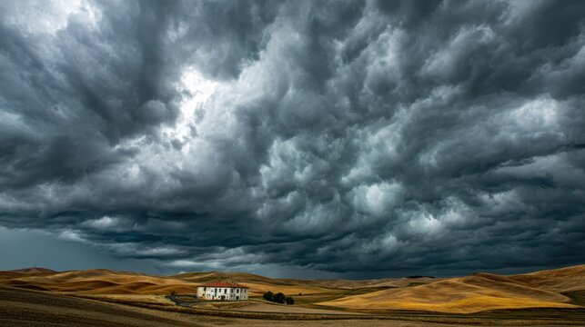 isolated farmhouse in rolling hills under dramatic thunderstorm sky