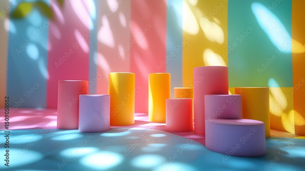 Poster a vibrant abstract still life featuring colorful cylindrical shapes with soft light and shadows, per