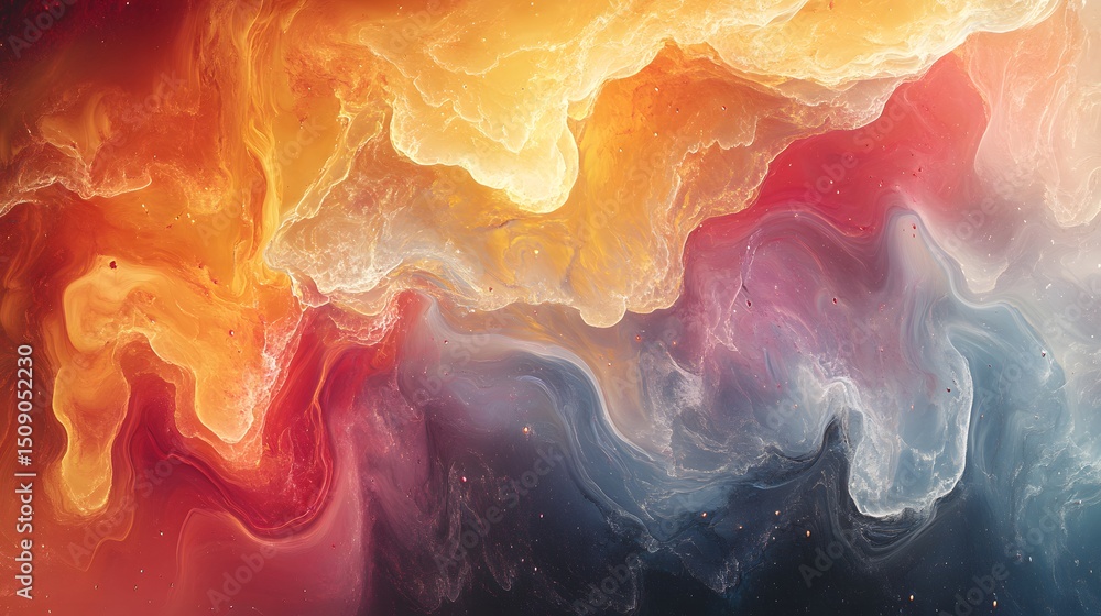 Poster Vibrant abstract background with fiery reds, yellows and cool blues creating dynamic energy. Ideal for backgrounds with a nebula effect. A great choice with an abstract theme.