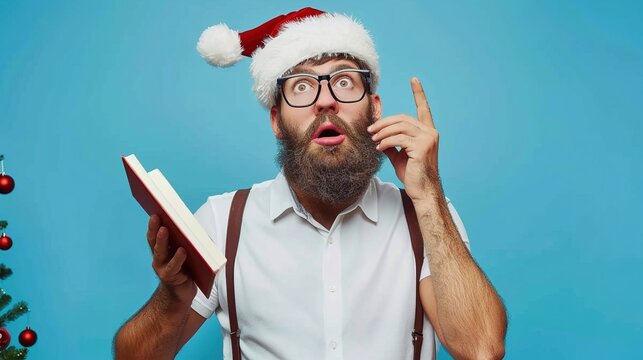 Close up photo of focused funny funky fat santa claus hold notebook think about wish list plan decide what choose look thoughtful wear stylish trendy suspenders isolated over blue color background 
