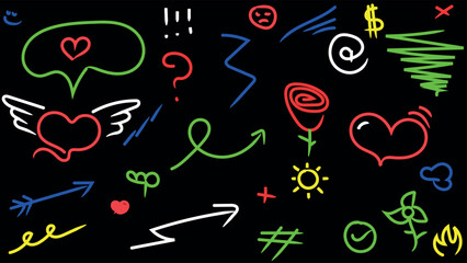 Line maker hand color brush icon set. Arrow stroke  sketch pencil underline drawn element colorful shape for text design. Hand drawn heart sun rose symbol with colorful doodle. Vector illustration.