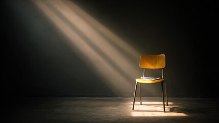 Empty wooden chair with vintage picture placed on seat in quiet room, conveying solitude, nostalgia and emotional memories of missing someone special.

