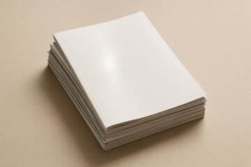 Stack of blank magazines with glossy covers on beige background