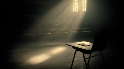 Empty wooden chair with vintage picture placed on seat in quiet room, conveying solitude, nostalgia and emotional memories of missing someone special.
