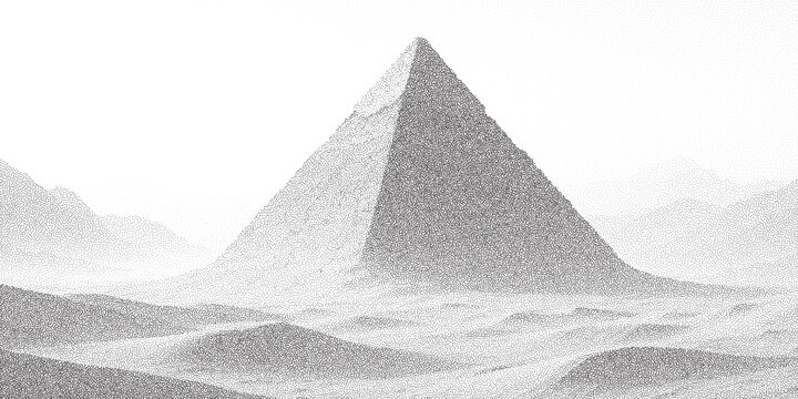 Grainy stipple halftone illustration of a large pyramid in desert dunes. Minimal ancient landmark in monochrome texture style
