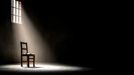 Empty wooden chair with vintage picture placed on seat in quiet room, conveying solitude, nostalgia and emotional memories of missing someone special.
