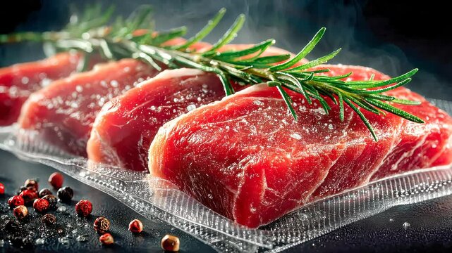 Assortment of raw beef cuts inside transparent plastic vacuum packaging with dramatic lighting