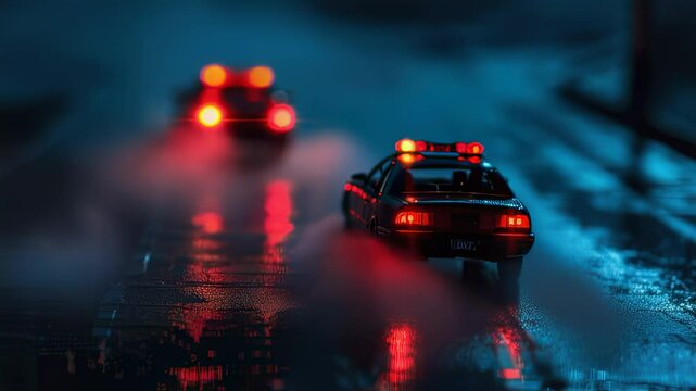 Police cars on patrol at night with flashing lights on a wet road, cinematic scene