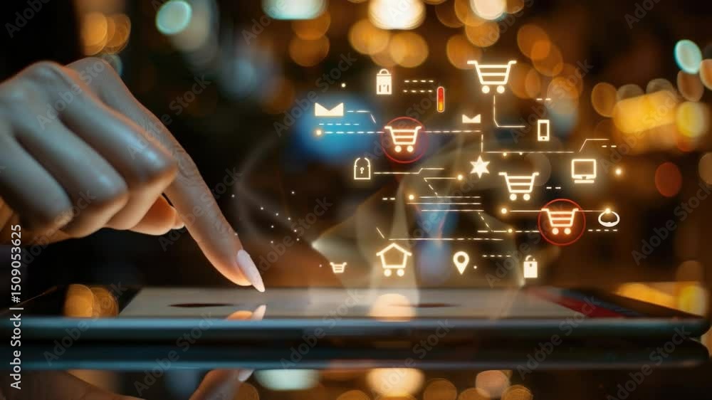 Poster hand using digital tablet with shopping icons and bokeh lights background in e-commerce concept 4k v