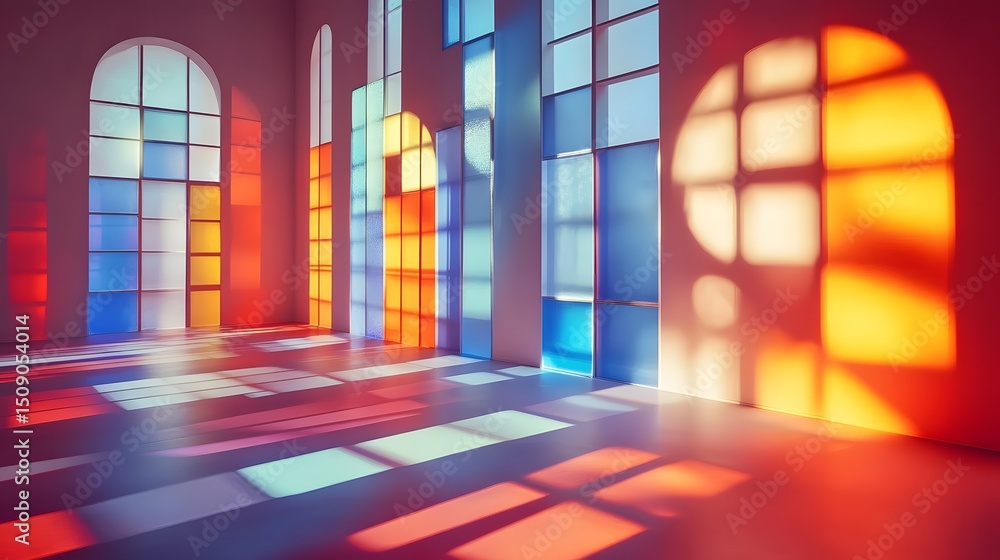 Poster Sunlight streams through colored windows, creating vibrant light patterns on the floor, radiating warmth and tranquility. Abstract theme showcases architectural beauty and vibrant tones.