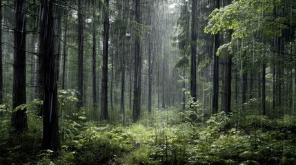 Obraz premium heavy rain in forest clearing, moody light filtering through wet trees