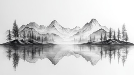 Obraz premium A minimalist landscape design made entirely of geometric lines, showcasing mountains, rivers, and trees, all created with clean, straight lines and angular shapes. 