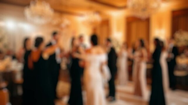 Guests dancing at wedding reception with defocused background