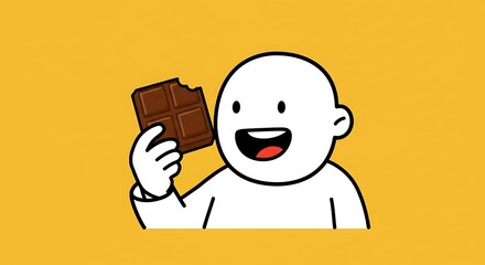Cartoon Person Eating Chocolate Bar with Bite on Yellow Background
