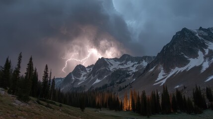 lightning bolt cutting through dramatic thunderclouds above mountain ridge