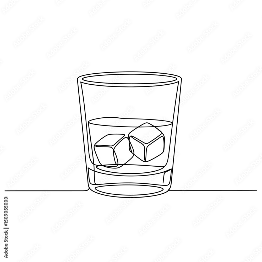 Poster glass of whiskey with ice cubes isolated on white background in a minimalist one line drawing style,