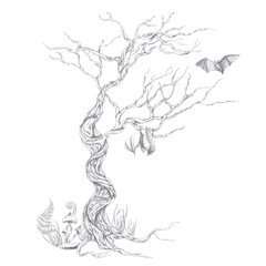 Bats near a crooked tree. Isolated pencil illustration for coloring book design, greeting cards, Halloween theme parties, fabric printing, interior design.
