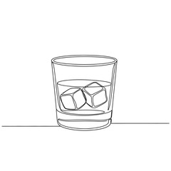 Whiskey glass with ice cubes isolated on white background in a minimalist one line drawing style, showcasing a modern and elegant design for a refreshing drink
