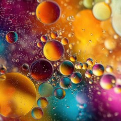macro shot of oil droplets in water with colored background, abstract vivid contrast