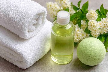 Spa day essentials white towels green bath product flowers