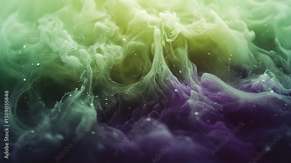 Poster swirling wisps of vibrant color create an ethereal, dreamy scene. hues of green, purple and white bl