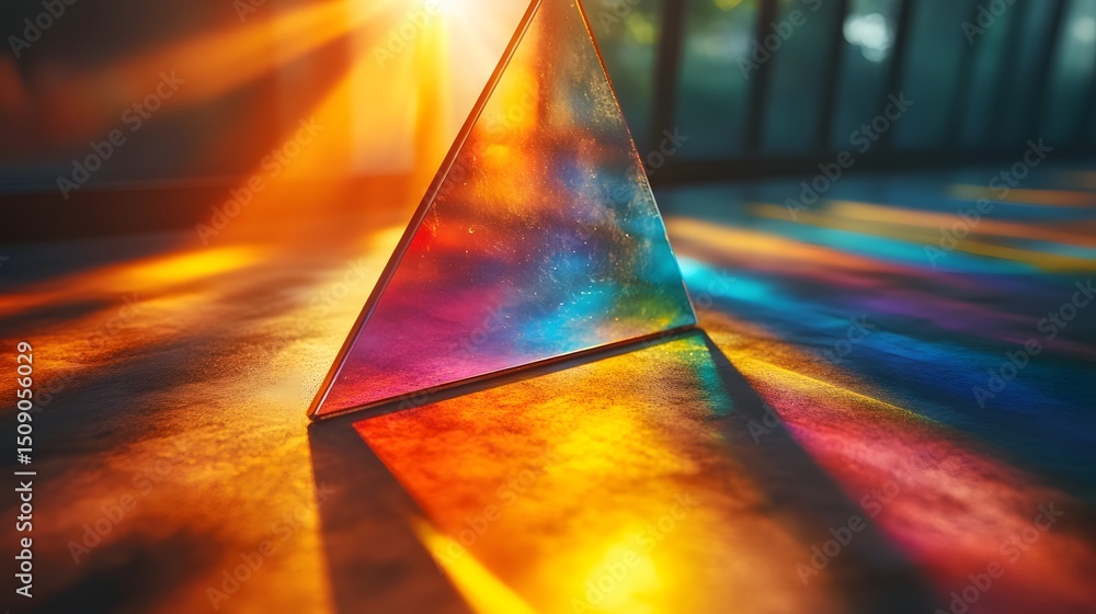 Poster A stunning abstract image displaying the refraction of light through a prism, casting vibrant hues and shadows. The bright light creates a dreamy, ethereal effect and depth of field.