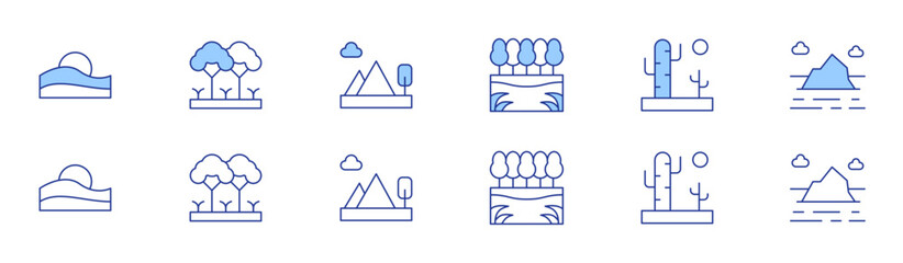 Landscape icon set in two styles, Duotone and Thin Line style. Editable stroke. desert, river, tree, mountains, iceberg