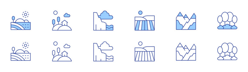 Landscape icon set in two styles, Duotone and Thin Line style. Editable stroke. field, hill, mountain, cliff, forest