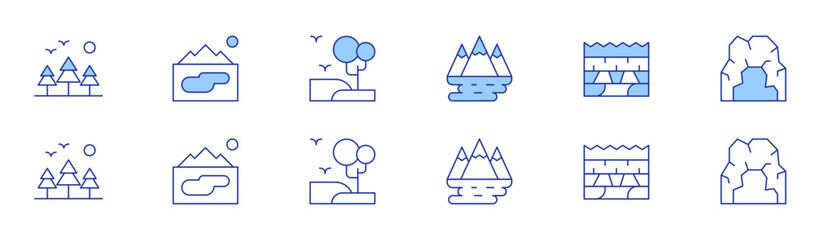 Landscape icon set in two styles, Duotone and Thin Line style. Editable stroke. forest, national park, lake, field, wood, cave