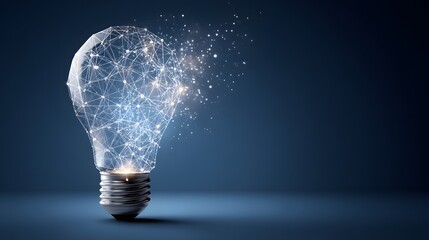 A futuristic light bulb with a network of glowing dots and lines emanating from it against a dark blue background, symbolizing innovation and connectivity.