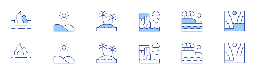Landscape icon set in two styles, Duotone and Thin Line style. Editable stroke. iceberg, cliff, hill, lake, oasis, fjord