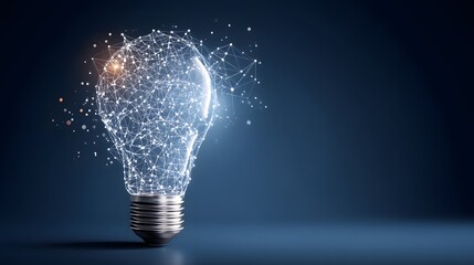A futuristic light bulb composed of interconnected dots and lines against a dark background, symbolizing innovation, creativity, and the power of ideas.