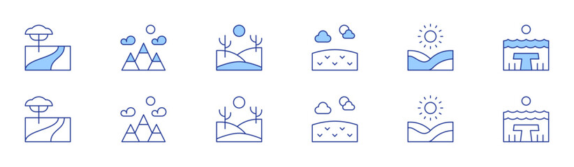 Landscape icon set in two styles, Duotone and Thin Line style. Editable stroke. river, prairie, mountain, dunes, desert, lake