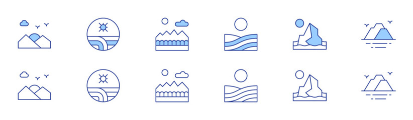 Landscape icon set in two styles, Duotone and Thin Line style. Editable stroke. sunset, spring, farm, glacier, mountain, island