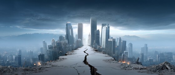 Urban earthquake destruction scene with cracked streets and skyscrapers for disaster awareness and educational use