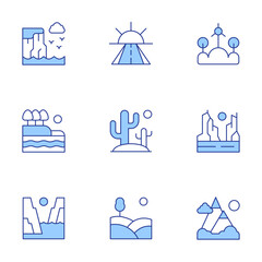 Landscape icons set. Line Duotone style, editable stroke. cliff, positive attitude, landscape, lake, cactus, canyon, fjord, hill, mountain range