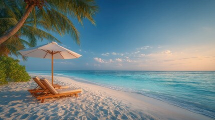 Obraz premium Tranquil beach scene with loungers and umbrella at golden hour