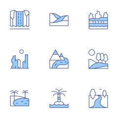 Landscape icons set. Line Duotone style, editable stroke. waterfall, dunes, torres del paine, canyon, river, hill, oasis, island