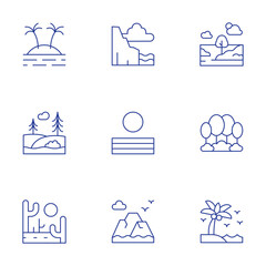 Landscape icons set. Thin Line style, editable stroke. island, field, desert, cliff, agriculture, mountain, landscape, forest