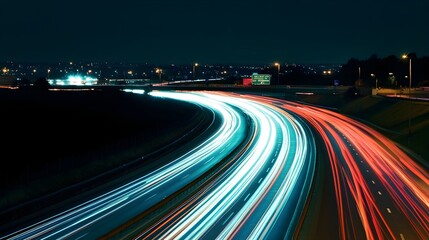Night highway traffic light trails cityscape