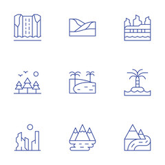 Landscape icons set. Thin Line style, editable stroke. waterfall, forest, canyon, dunes, torres del paine, oasis, island, national park, river