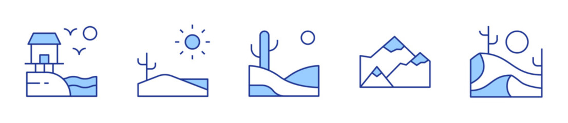 village, mountain, desert. Landscape Icon vector illustration. Line Duotone style. Editable stroke