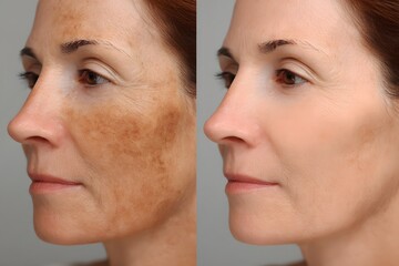 Before and after comparison of a woman's face showing significant reduction in hyperpigmentation and skin texture improvement.