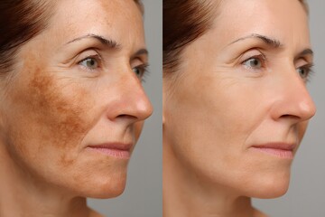 Before and after comparison of a woman's face showing significant reduction in hyperpigmentation and skin discoloration, highlighting the effectiveness of a skincare treatment.