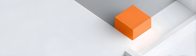 An orange cube positioned on a white geometric structure with clean lines and minimalistic design, showcasing a modern and abstract aesthetic.