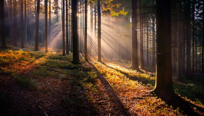 Obraz premium magic dark forest autumn forest scenery with rays of warm light mistic forest beskid mountains poland
