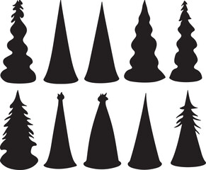 Black and White Silhouette of Stylized Christmas Trees Vector Graphic Illustration Set