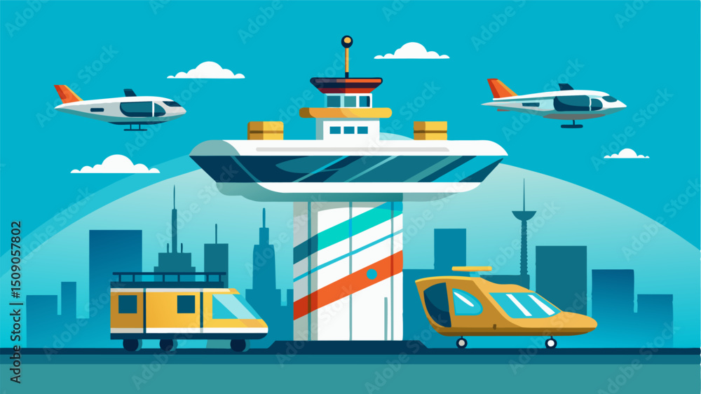 Poster a model exhibit of a skyport where air taxis will take off and land equipped with advanced technolog