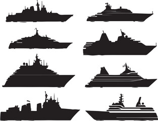 Fototapeta premium Silhouette Vector Art: Collection of Cruise Ships and Naval Vessels Graphics Designs