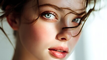 A close-up portrait of a young woman with striking blue eyes, soft lighting, and a gentle expression that captures the essence of natural beauty and elegance.